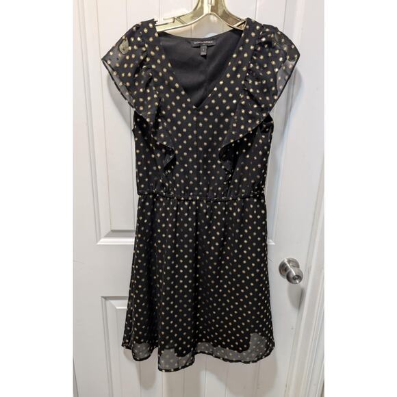 Banana Republic Women's Gold Metallic Polka Dot Black Fit Flare Dress Size S - Picture 2 of 9